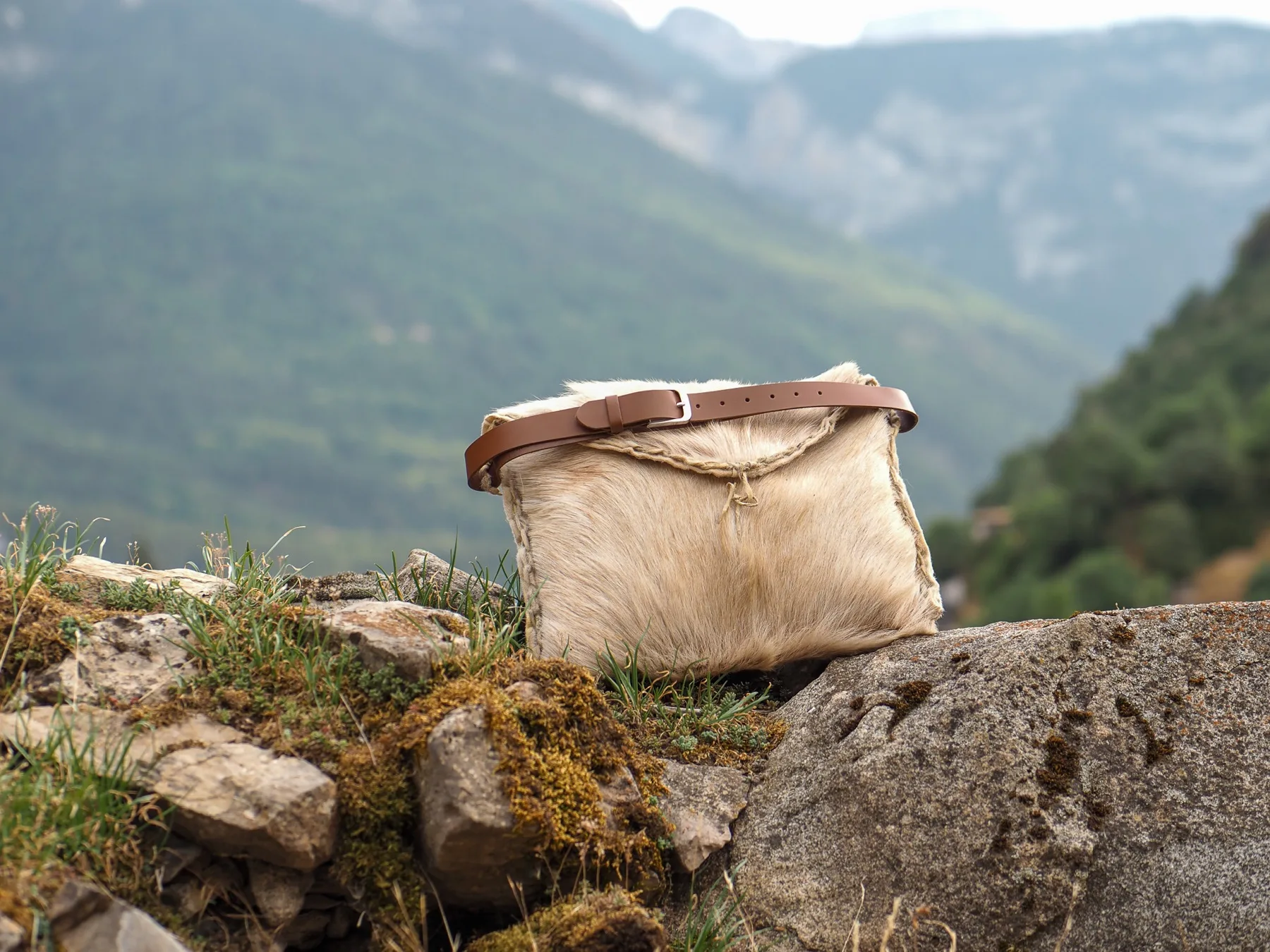 Mochila o zurrón de piel de cabrito en el paisaje del Bal de Chistau